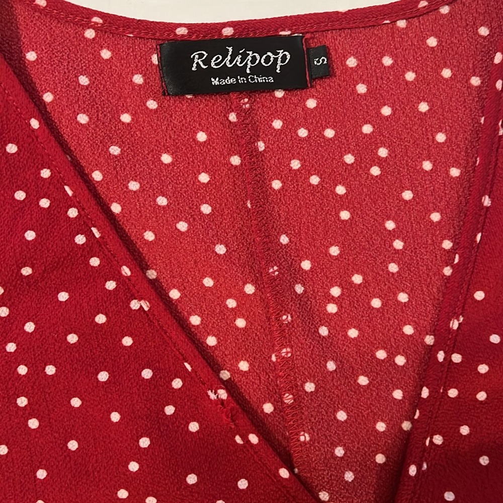 Relipop Women’s Wrap with Ruffle Hem Mini Red with white polka dot Dress - Picture 4 of 13